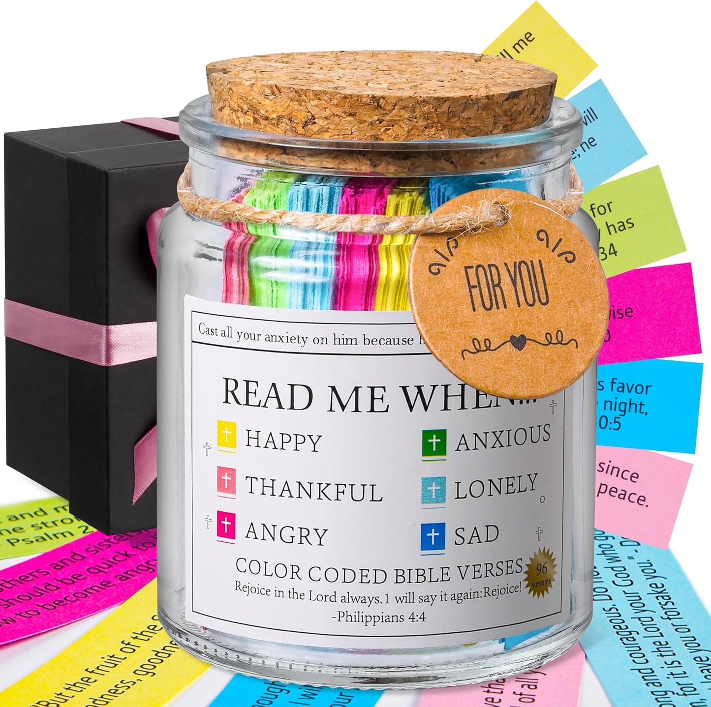 Bible Verse Jar, Read Me When Bible Verses Jar for Emotions and Feelings, Christian Gifts for Women, Men, Birthday Gifts for Mom,Graduation Gift for Her, Prayer Cards Comes with a 48-Inch Ribbon Bow