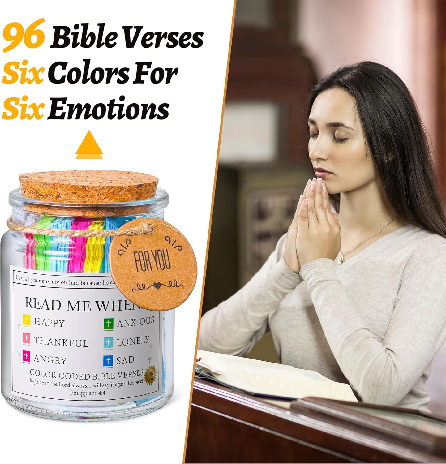 Bible Verse Jar, Read Me When Bible Verses Jar for Emotions and Feelings, Christian Gifts for Women, Men, Birthday Gifts for Mom,Graduation Gift for Her, Prayer Cards Comes with a 48-Inch Ribbon Bow