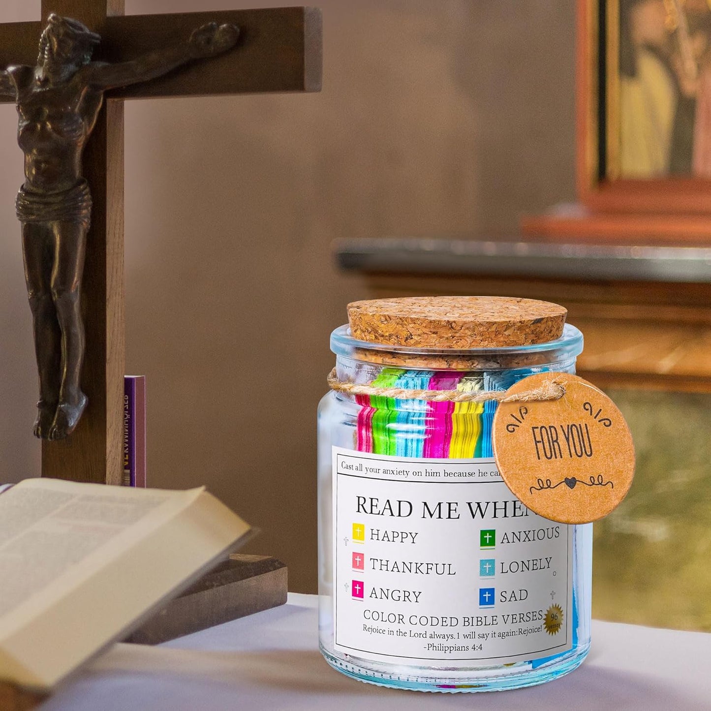 Bible Verse Jar, Read Me When Bible Verses Jar for Emotions and Feelings, Christian Gifts for Women, Men, Birthday Gifts for Mom,Graduation Gift for Her, Prayer Cards Comes with a 48-Inch Ribbon Bow