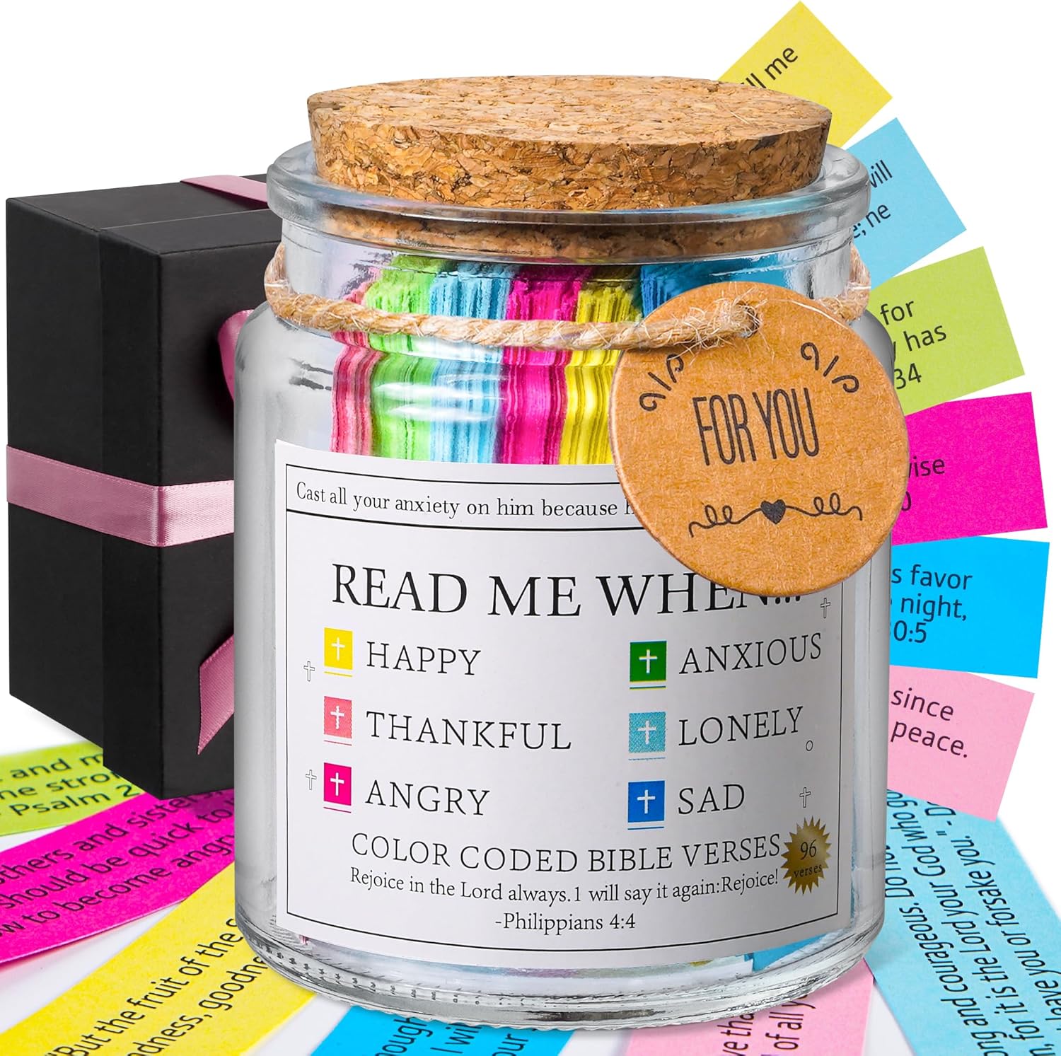 Bible Verse Jar, Read Me When Bible Verses Jar for Emotions and Feelings, Christian Gifts for Women, Men, Birthday Gifts for Mom,Graduation Gift for Her, Prayer Cards Comes with a 48-Inch Ribbon Bow