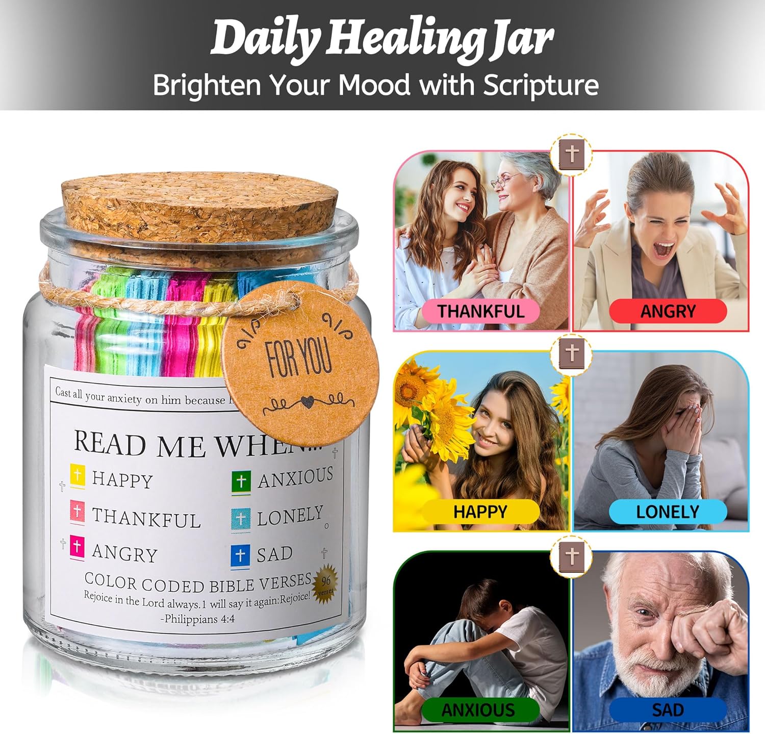 Bible Verse Jar, Read Me When Bible Verses Jar for Emotions and Feelings, Christian Gifts for Women, Men, Birthday Gifts for Mom,Graduation Gift for Her, Prayer Cards Comes with a 48-Inch Ribbon Bow